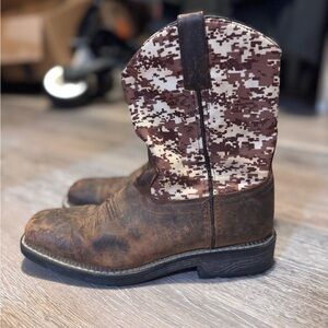 OLD WEST Brown Digital Camo Leather Boys Cowboy Boots Square Toe